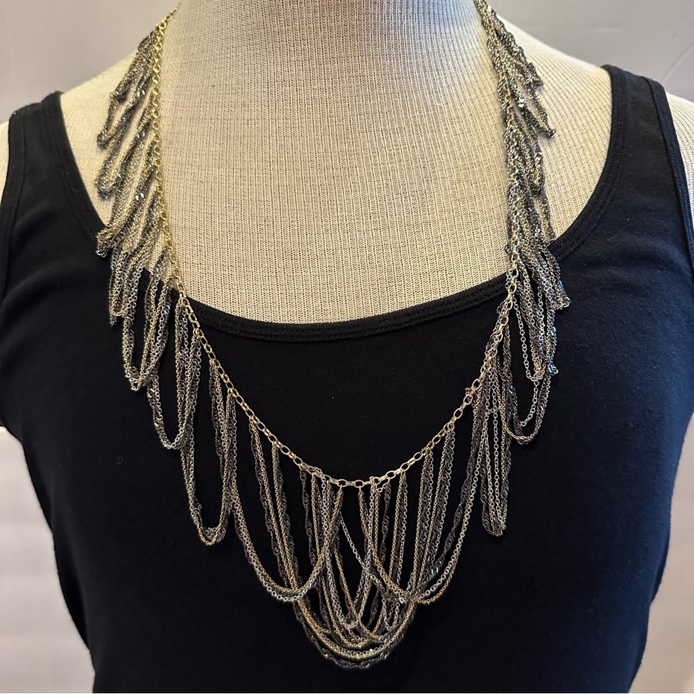 BCBGmaxazria Chain Fringe Necklace in silver, gold & gunmetal